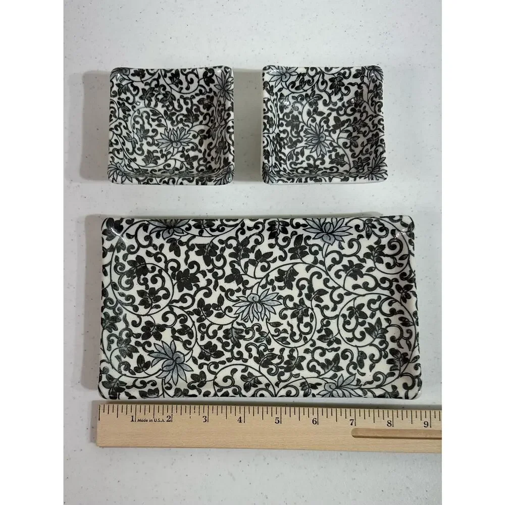 Kanesada Salt Glaze‎ Stoneware Set Sushi Plate Sauce Bowls Black Floral Filagree